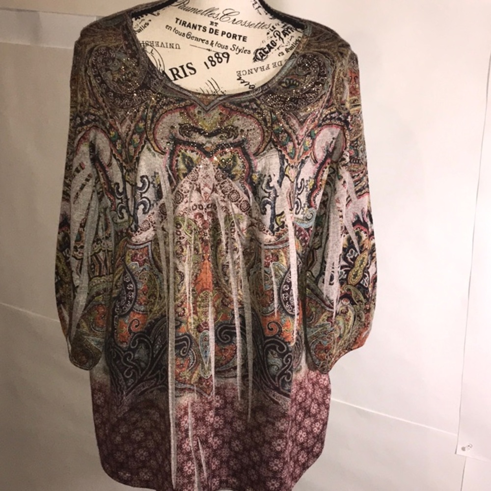 Energe Boho Brown Baby Doll Paisley blouse earth tones tunic